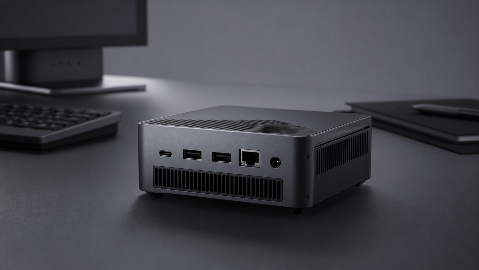 gpuvera desktop terminal on a desk, three-quarter view showing USB-C, USB-A, Ethernet and power ports with a machined cooling grille — concept render, pre-production.
