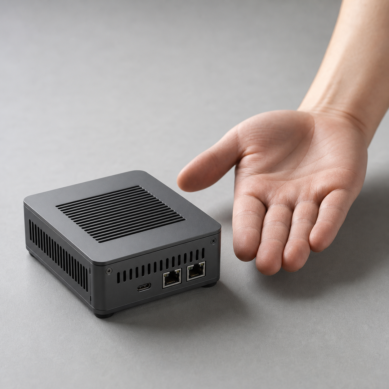 gpuvera terminal next to an open human hand for scale, roughly palm-sized — concept render, pre-production.